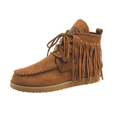 Tassel Lace - up Comfortable Flat Bottom Boots for Women Dark Brown