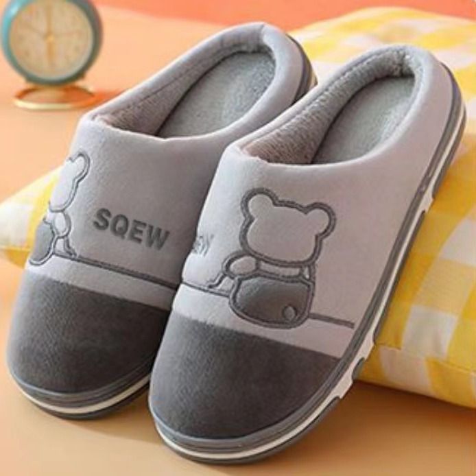 Thermal Fleece - lined Non - slip Slippers for Rainy Days Winter Bliss Gray Strap Bear Style