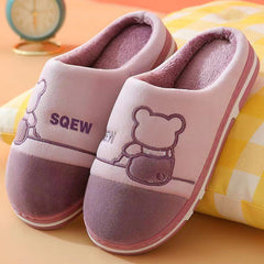 Thermal Fleece - lined Non - slip Slippers for Rainy Days Winter Bliss Purple Strap Bear Style