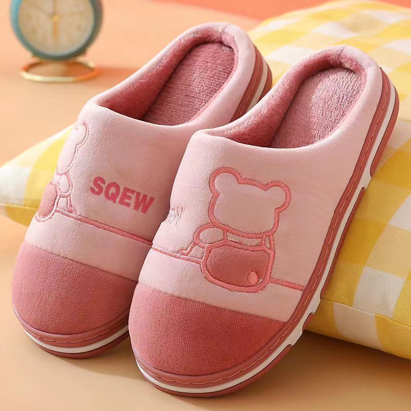 Thermal Fleece - lined Non - slip Slippers for Rainy Days Winter Bliss Leather Red Strap Bear Style