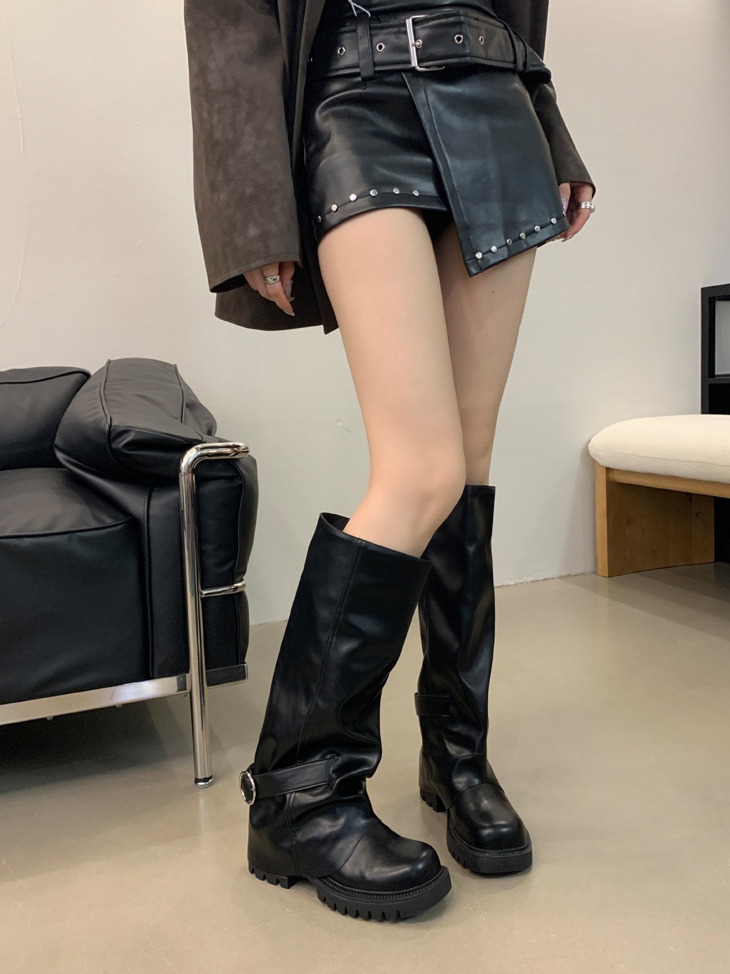 Thick Bottom Small Versatile Long Boots Female Black