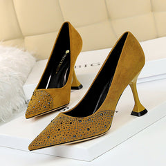 Thin High Heels Cat Heel Suede Shallow Pointed Toe Rhinestone High Heel Party Shoes Yellow
