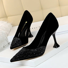 Thin High Heels Cat Heel Suede Shallow Pointed Toe Rhinestone High Heel Party Shoes Black