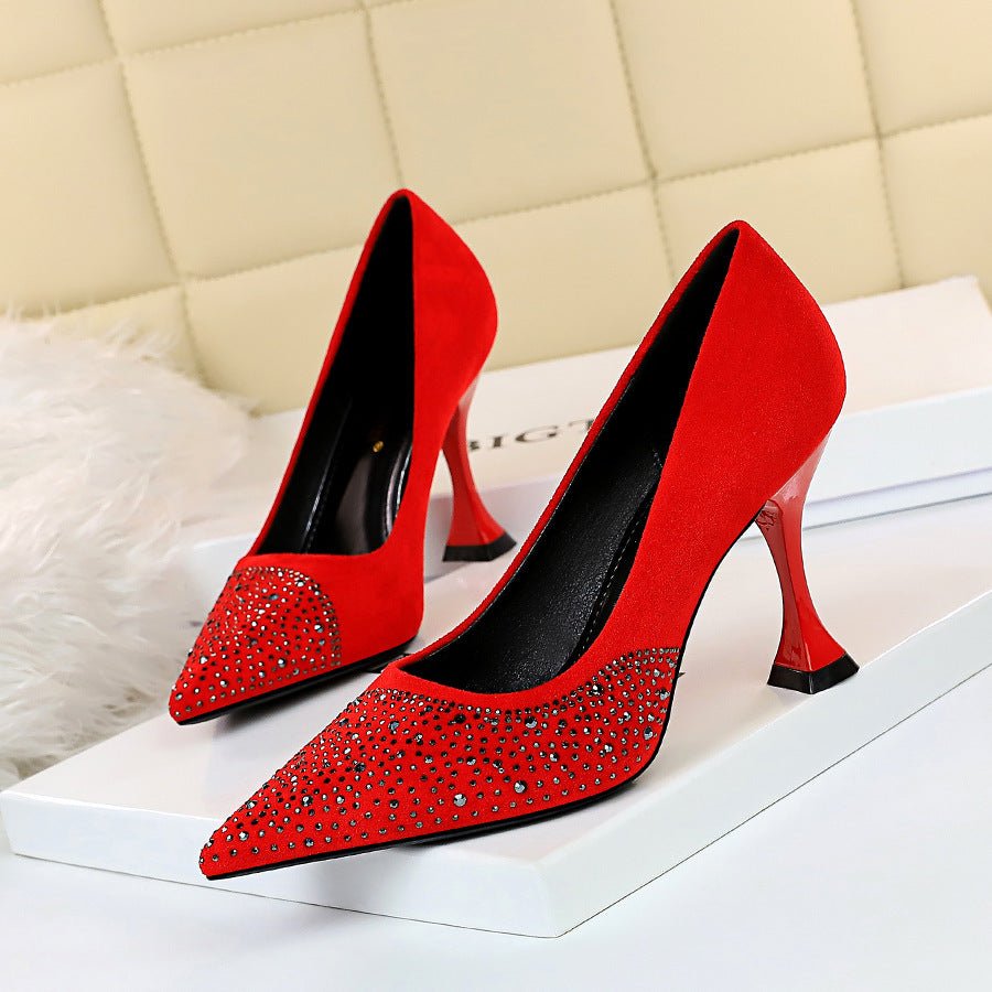 Thin High Heels Cat Heel Suede Shallow Pointed Toe Rhinestone High Heel Party Shoes Red