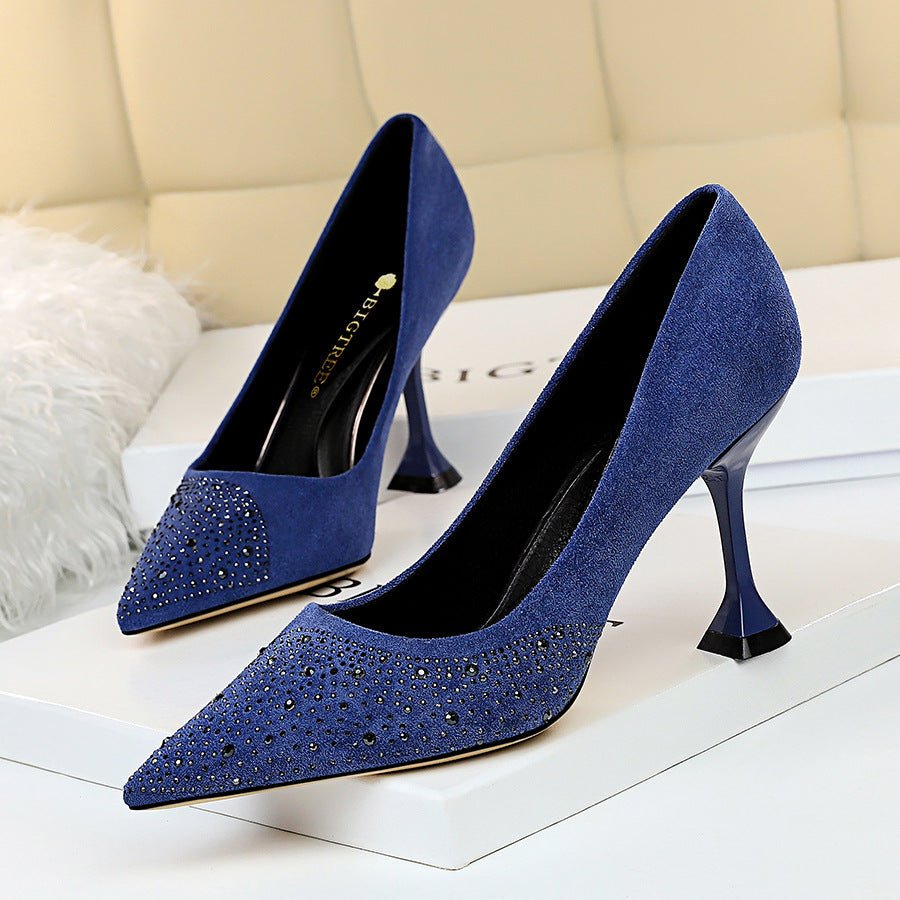 Thin High Heels Cat Heel Suede Shallow Pointed Toe Rhinestone High Heel Party Shoes Blue