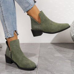 V - cut Side Zipper Boots Printed Square Heel Ankle Boots Green