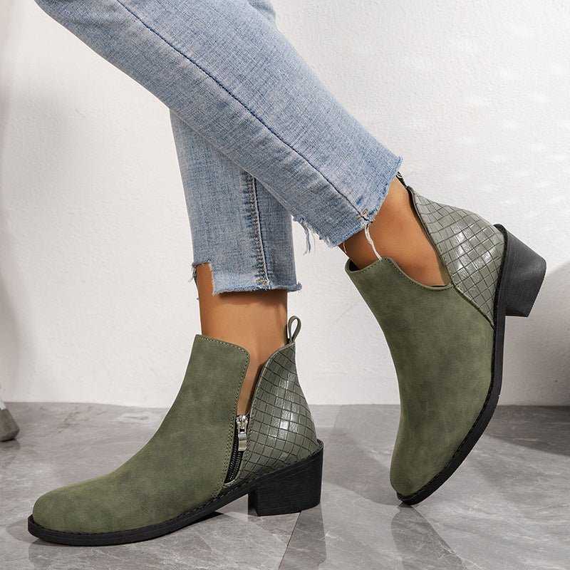 V - cut Side Zipper Boots Printed Square Heel Ankle Boots Beige