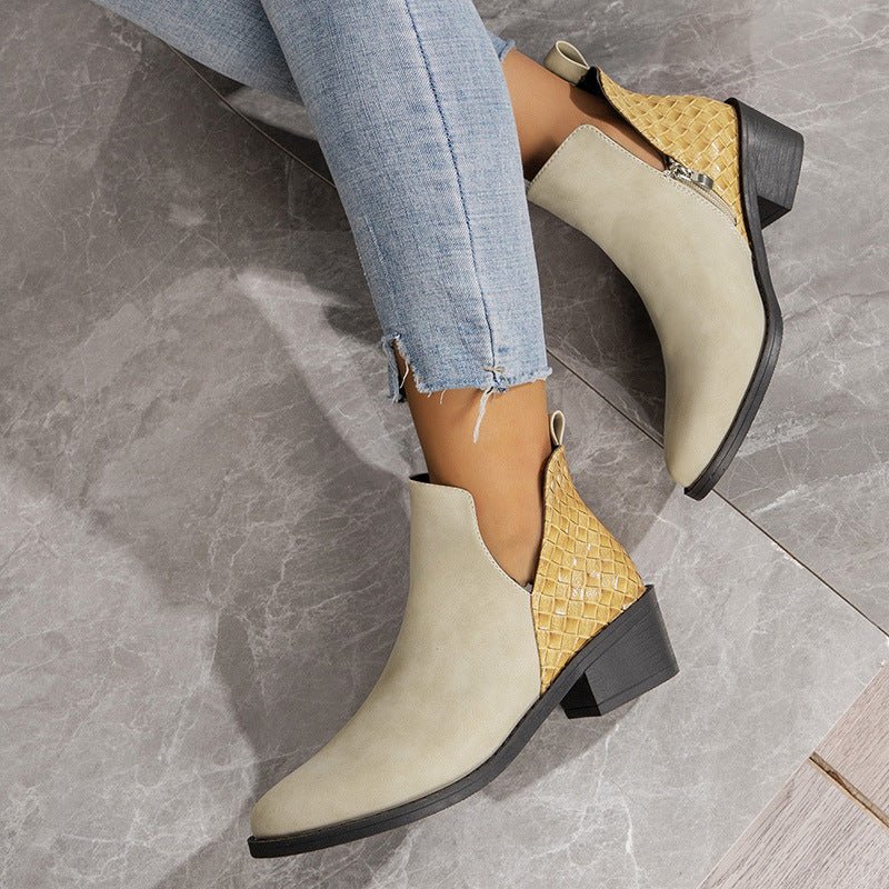 V - cut Side Zipper Boots Printed Square Heel Ankle Boots Green