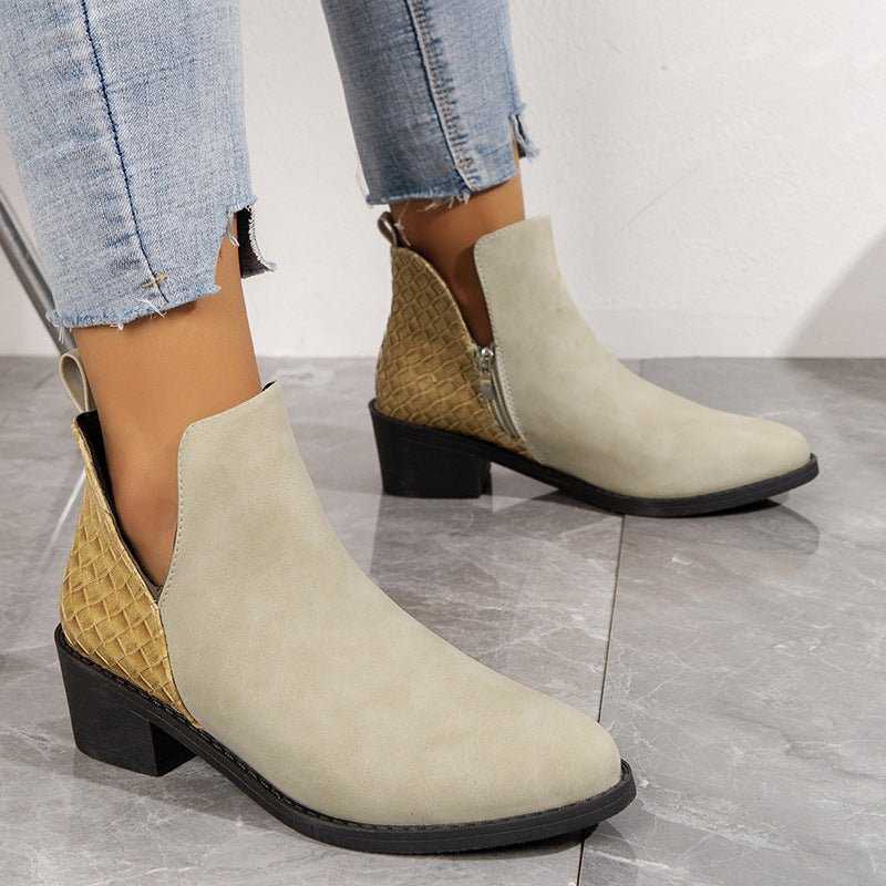V - cut Side Zipper Boots Printed Square Heel Ankle Boots Beige