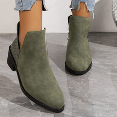 V - cut Side Zipper Boots Printed Square Heel Ankle Boots Beige