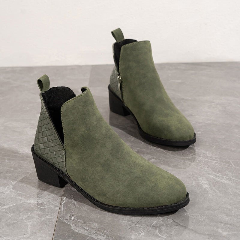 V - cut Side Zipper Boots Printed Square Heel Ankle Boots Green