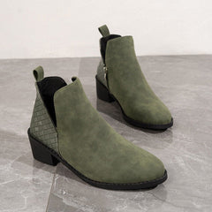 V - cut Side Zipper Boots Printed Square Heel Ankle Boots Green