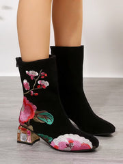 Vintage Embroidery Autumn And Winter Women's Boots Black