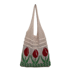 Vintage Knitted Tulip Flower Shoulder Bag Beige Red Flower