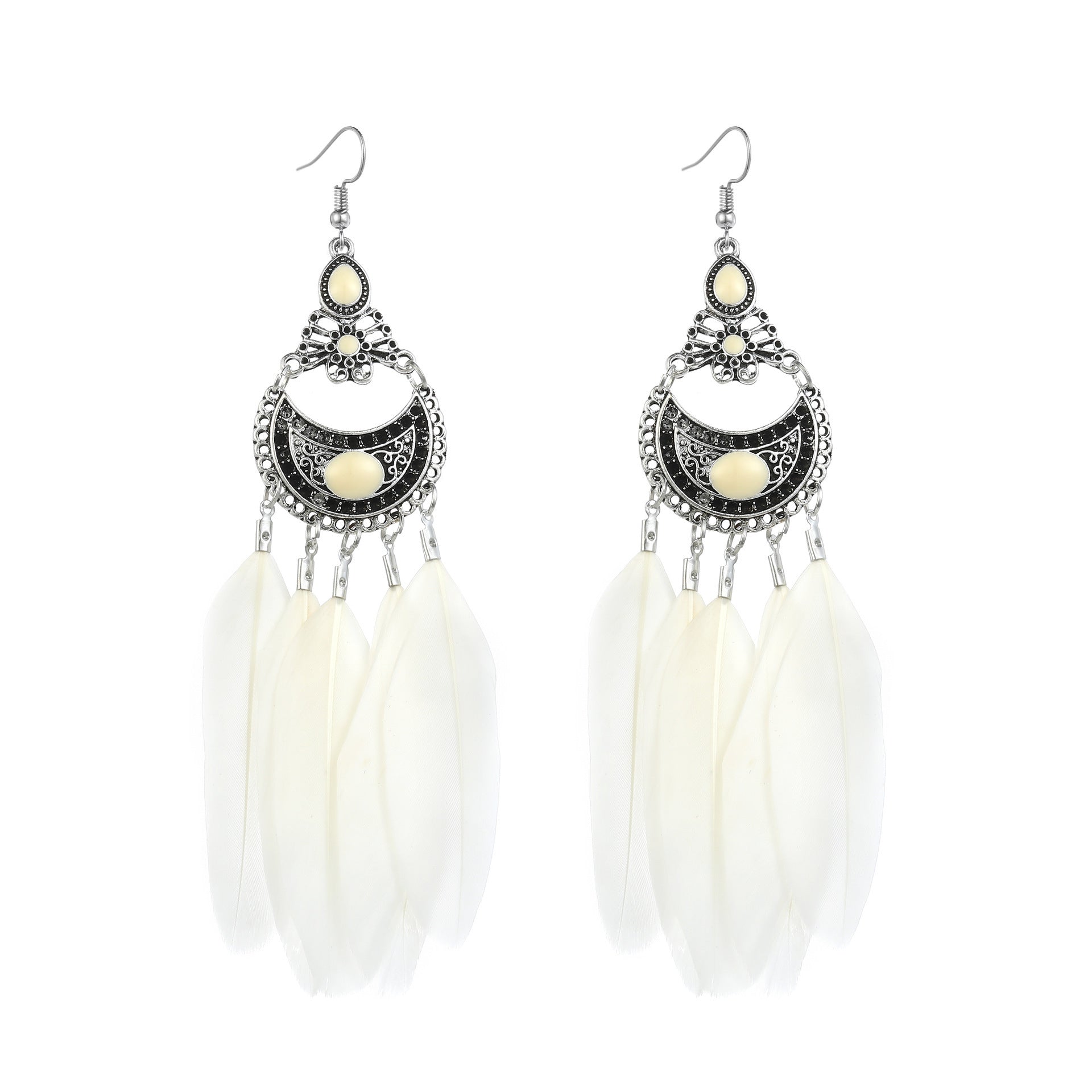 Vintage White Feather Tassel Earrings – Boho Chic Accessory White 2063