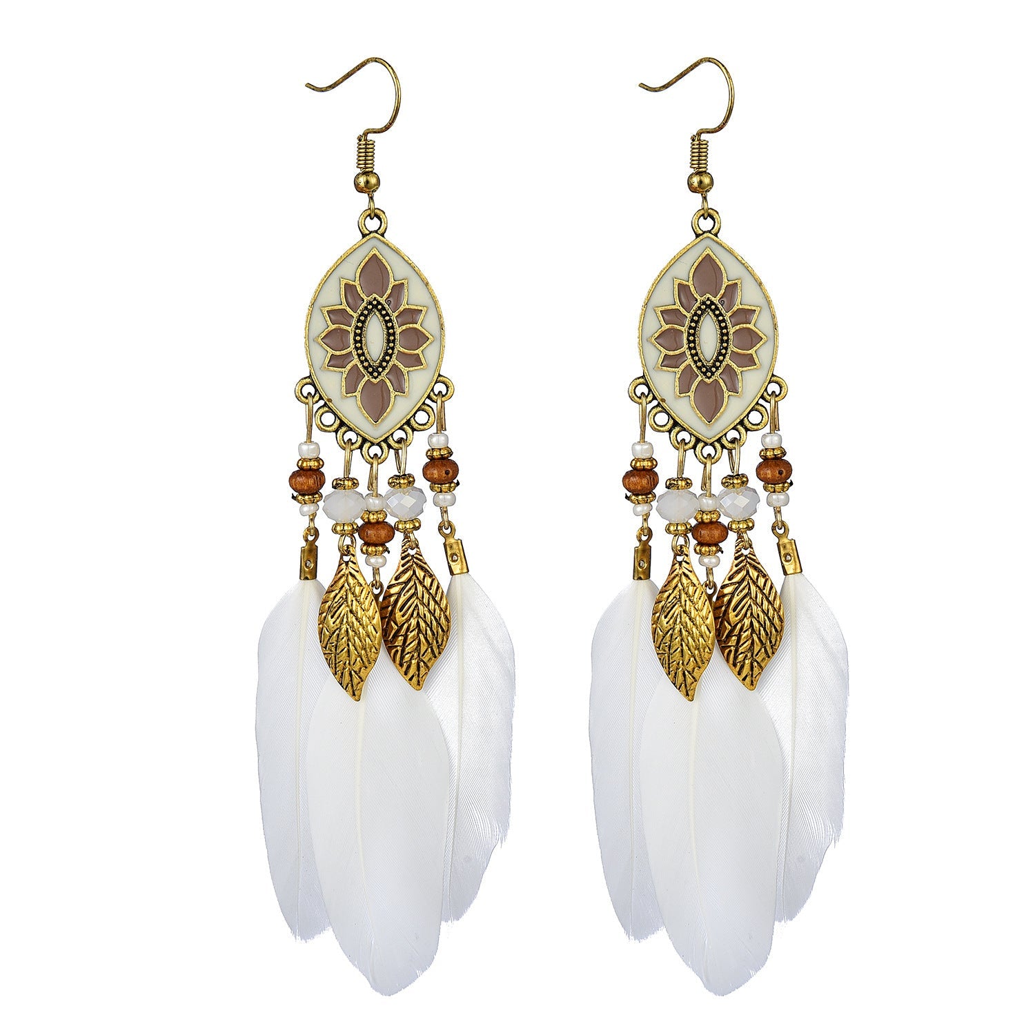 Vintage White Feather Tassel Earrings – Boho Chic Accessory White 2046