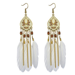 Vintage White Feather Tassel Earrings – Boho Chic Accessory White 2057