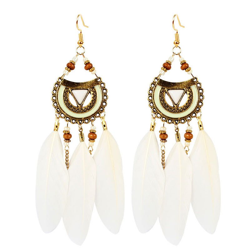 Vintage White Feather Tassel Earrings – Boho Chic Accessory White 1006