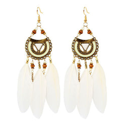 Vintage White Feather Tassel Earrings – Boho Chic Accessory White 1006