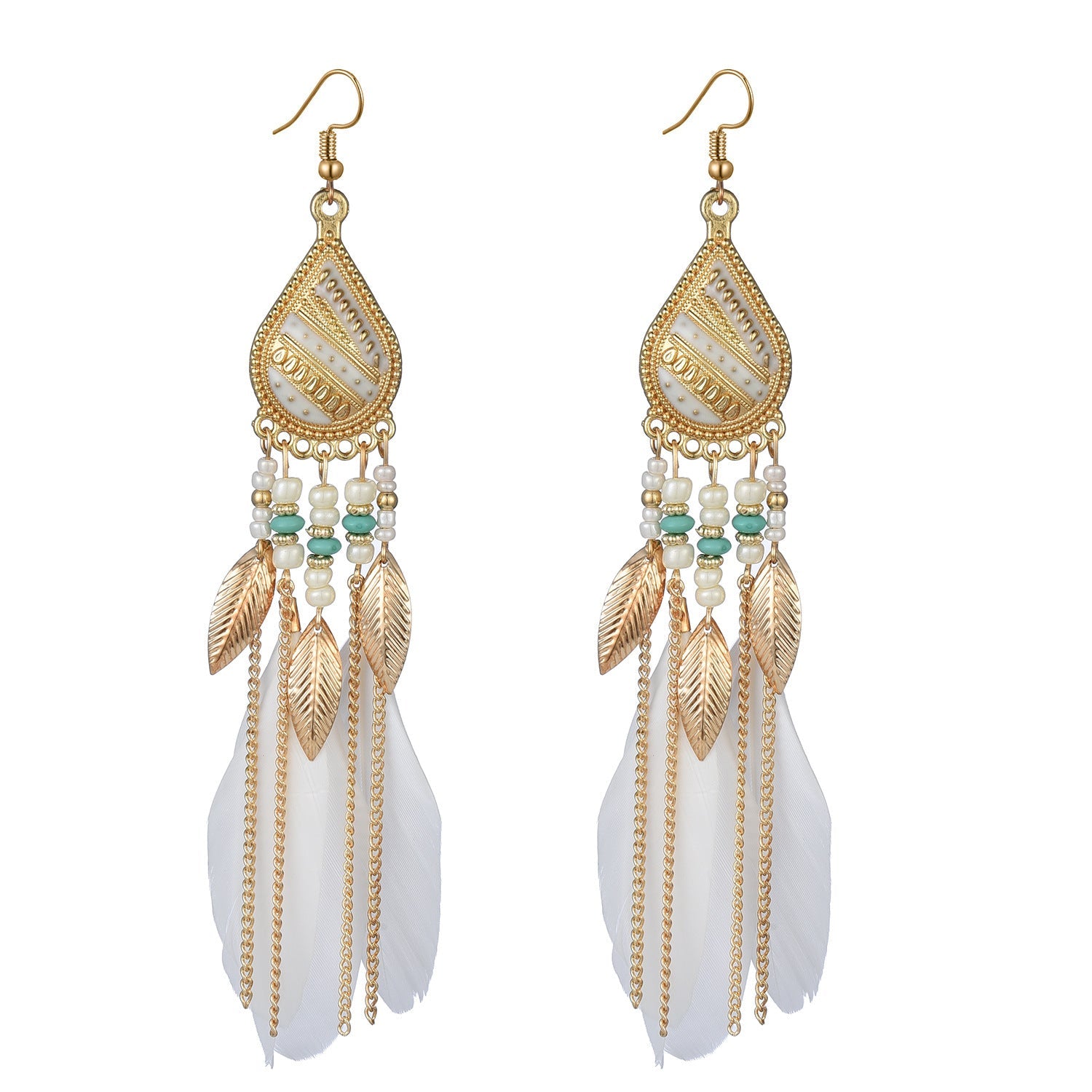 Vintage White Feather Tassel Earrings – Boho Chic Accessory White 2041