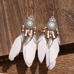 Vintage White Feather Tassel Earrings – Boho Chic Accessory White 2044