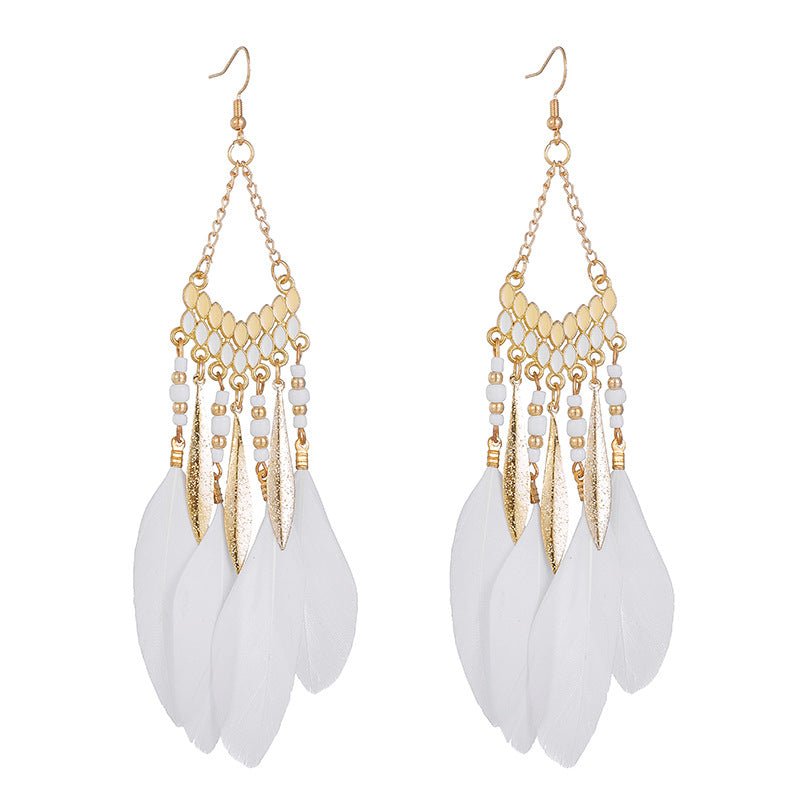 Vintage White Feather Tassel Earrings – Boho Chic Accessory White 2051