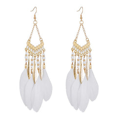 Vintage White Feather Tassel Earrings – Boho Chic Accessory White 2051