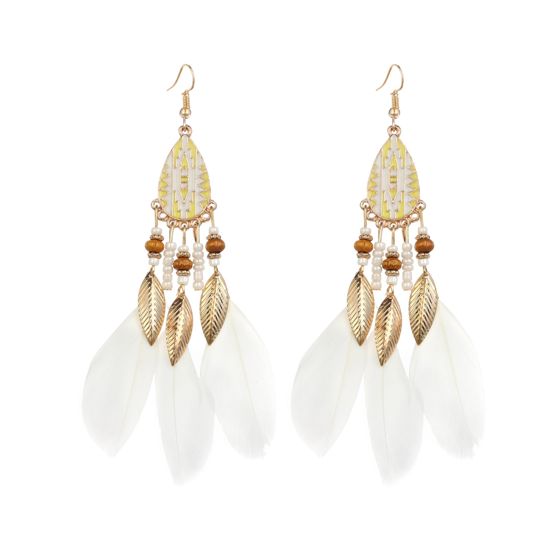 Vintage White Feather Tassel Earrings – Boho Chic Accessory White 2052