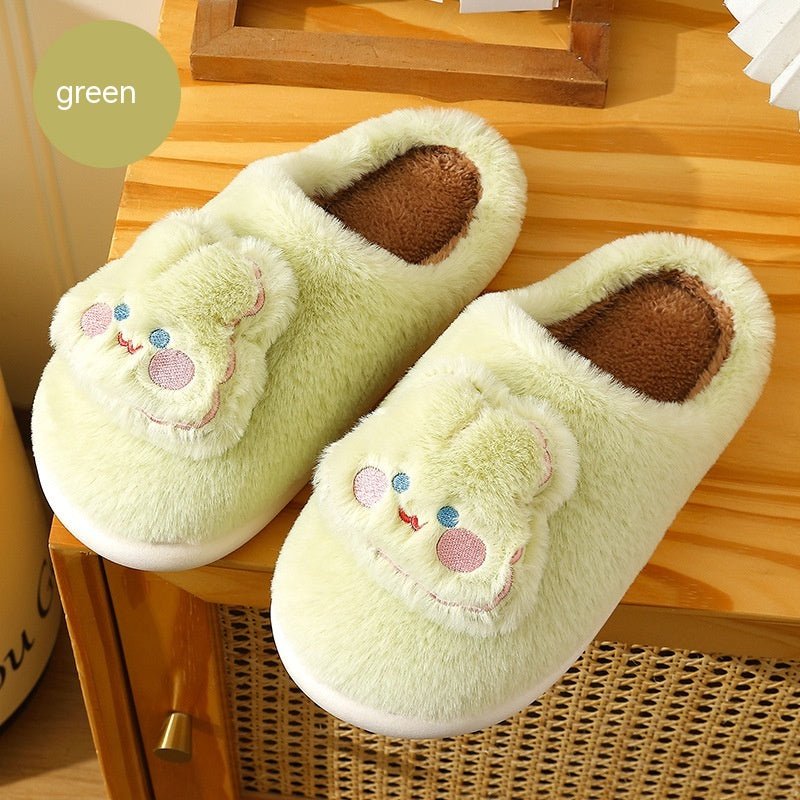 Warm Parent - child Cute Fluffy Casual Slippers Work - From - Home Shoes Green Rabbit