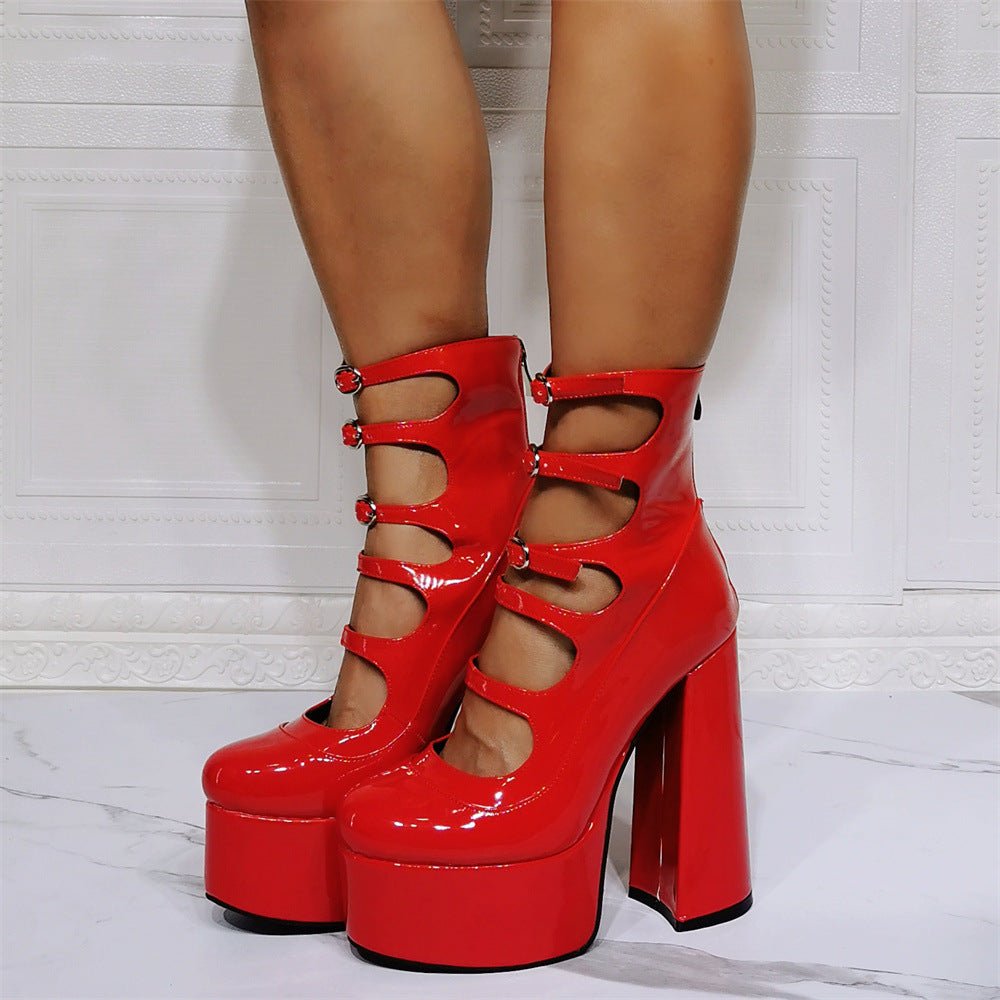 Waterproof Platform High Heels with Thick Heel and Serpentine Belt for Women Red