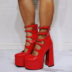 Waterproof Platform High Heels with Thick Heel and Serpentine Belt for Women Red