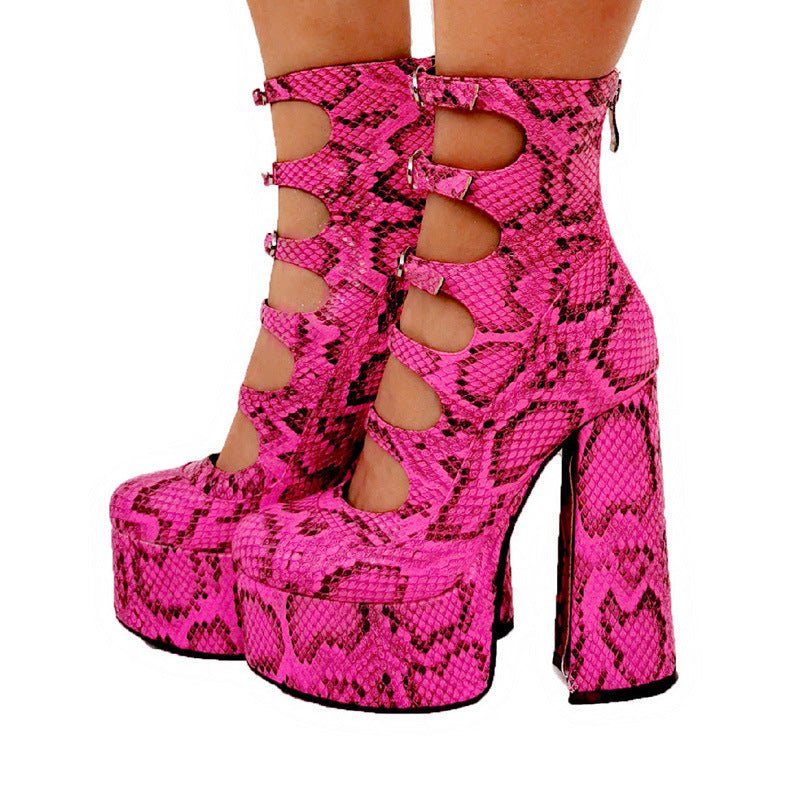 Waterproof Platform High Heels with Thick Heel and Serpentine Belt for Women Rose Red