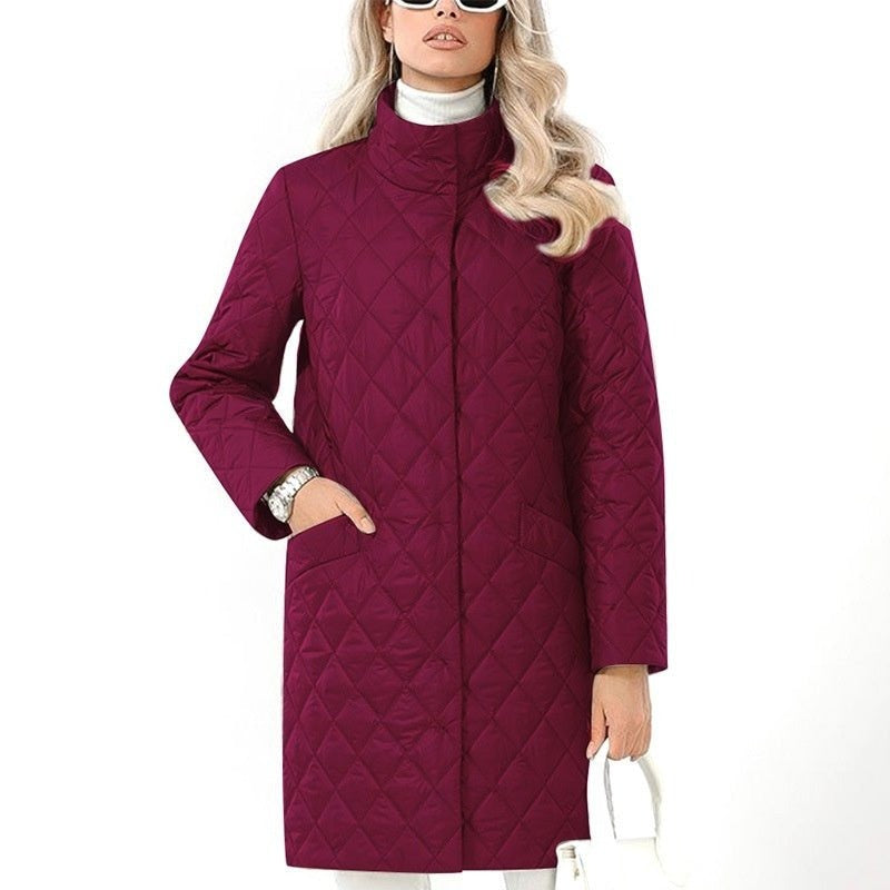 Winter Mid - length Fit Style Warm and Comfortable Cotton - padded Jacket Wine Red