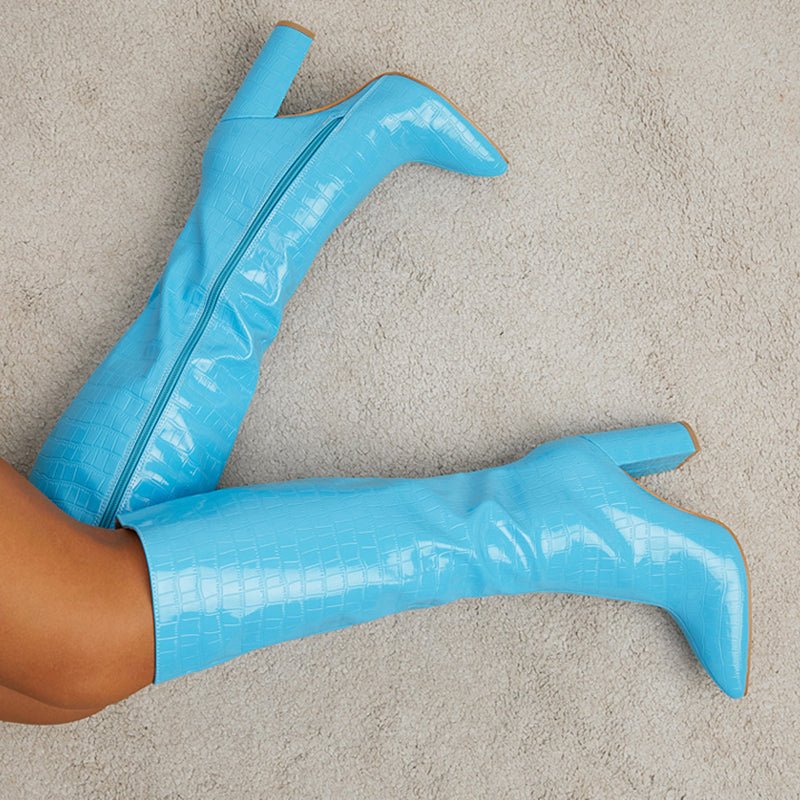 Winter Pointed Toe High Square Heel Shoes With Side Zipper Boots Women Black