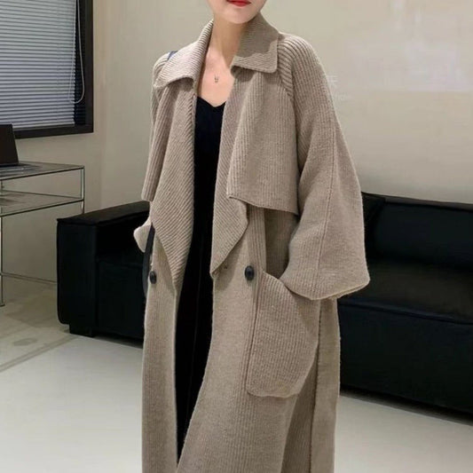 Winter Stylish Elegant Belted Cozy Knitted Trench Coat For Women Beige