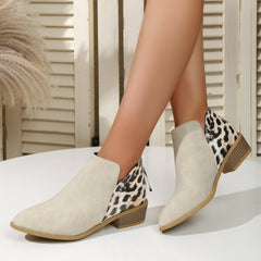 Women Pointed Toe Chunky Heel Back Zipper Shoes Beige