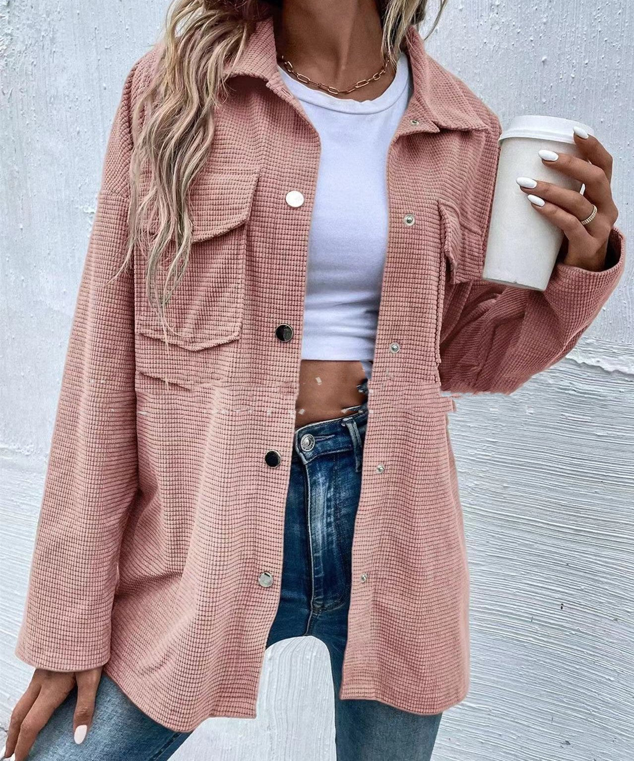Women's Autumn Loose Solid Retro Vintage - Inspired Lapel Coat Pink