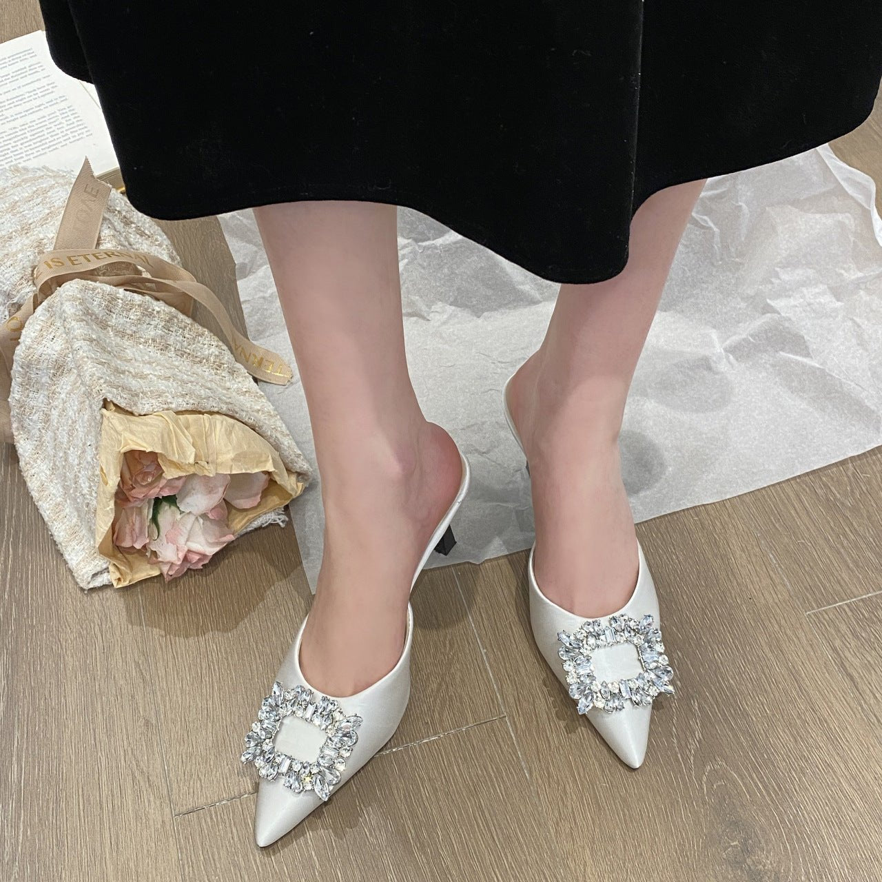 Women's Bling - Night Out Ready Outer Wear Rhinestone Toe Half Slippers Beige