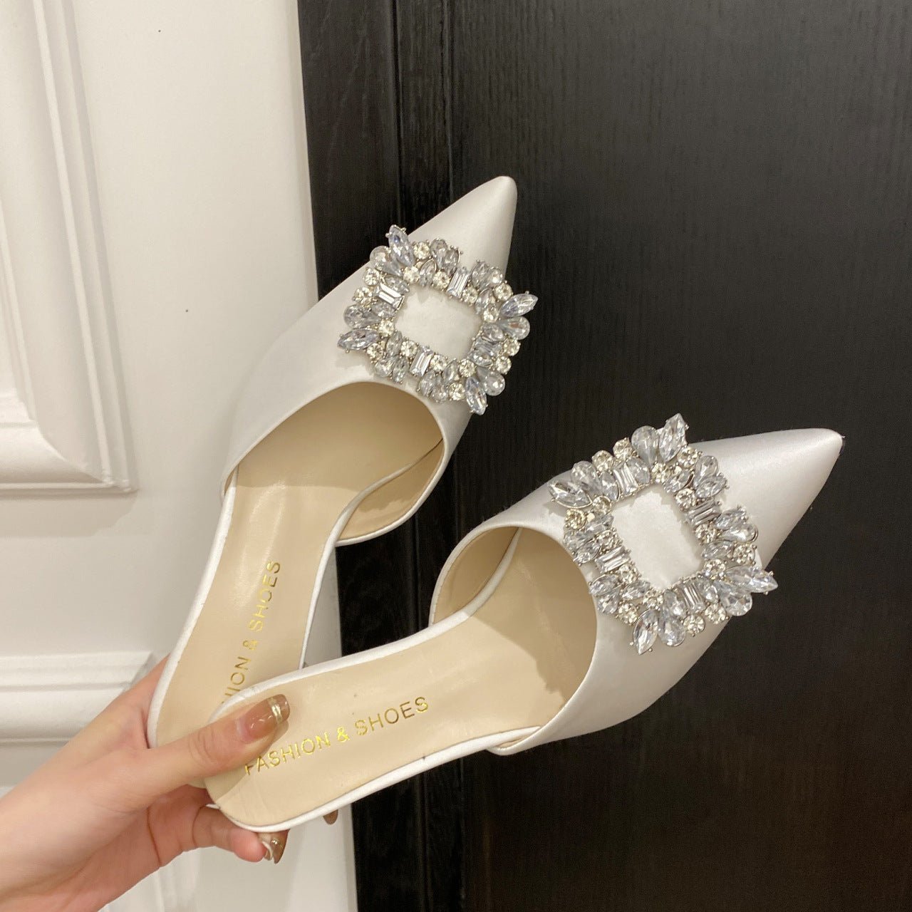 Women's Bling - Night Out Ready Outer Wear Rhinestone Toe Half Slippers Beige