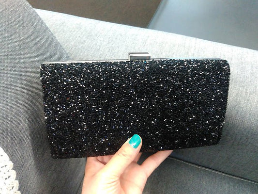 Women's Bright Face Clutch With Diamond Chain Black