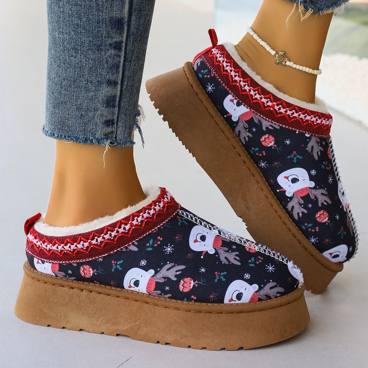 Women's Cartoon Christmas Print Ankle Casual Slip Winter Short Boots Snowman