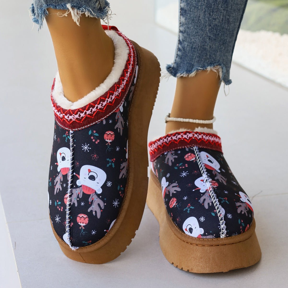 Women's Cartoon Christmas Print Ankle Casual Slip Winter Short Boots Bear