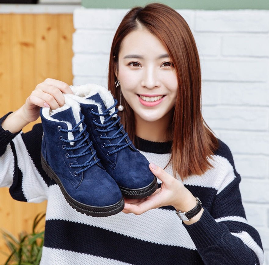 Women's Casual Cotton Snow Boots – Flat Vulcanized Trend with Artificial Plush Blue