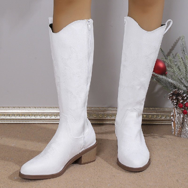 Women's Embroidered Round Toe Chunky Heel Boots Sapphire Blue