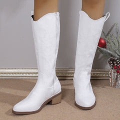 Women's Embroidered Round Toe Chunky Heel Boots Sapphire Blue