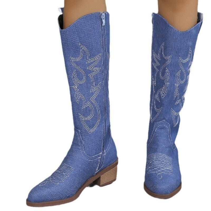 Women's Embroidered Round Toe Chunky Heel Boots Sapphire Blue