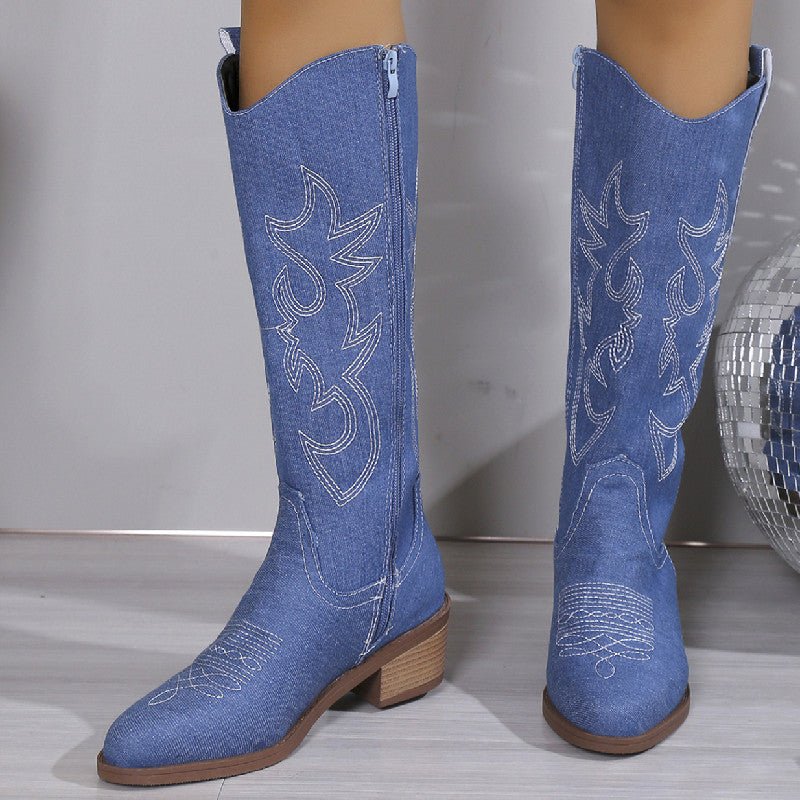 Women's Embroidered Round Toe Chunky Heel Boots Sapphire Blue
