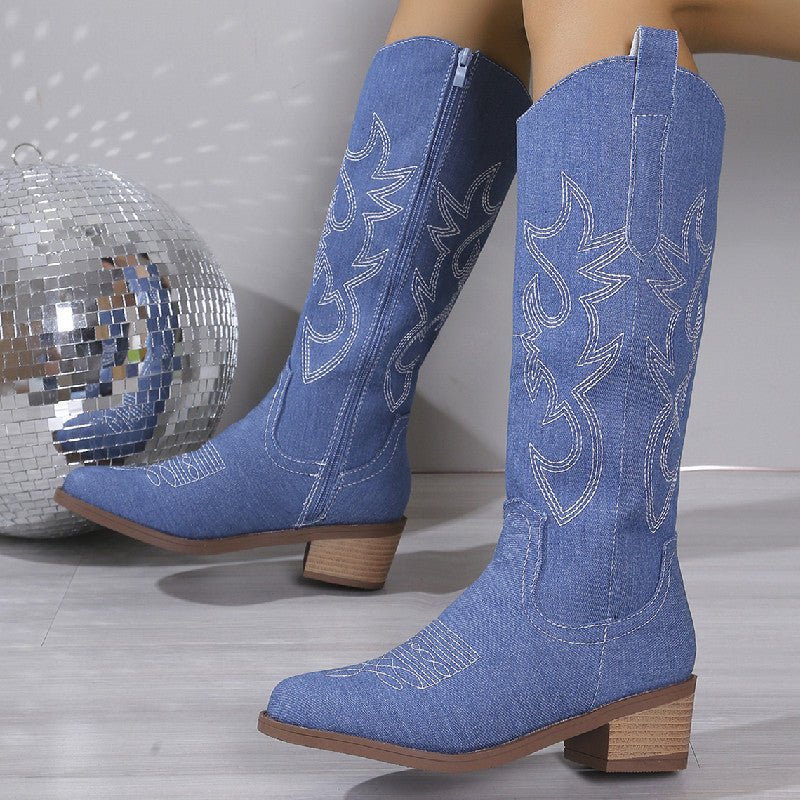 Women's Embroidered Round Toe Chunky Heel Boots Sapphire Blue