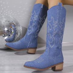 Women's Embroidered Round Toe Chunky Heel Boots Sapphire Blue