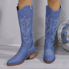 Women's Embroidered Round Toe Chunky Heel Boots Sapphire Blue